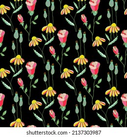 Hand drawn flowers vector seamless background. Floral pattern on black background in doodle style. For fabric, wallpaper or packaging.