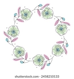Hand drawn flowers wreath frame on white background.