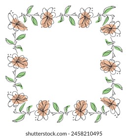Hand drawn flowers wreath frame on white background.