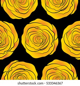 Hand drawn flowers. Yellow and orange roses on a black background. Flower pattern with roses. Vector floral pattern sketch. Vintage flower seamless pattern.