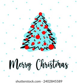 Hand drawn fluffy Christmas tree greeting card with Merry Christmas lettering. Hand drawn blue fir tree with red garlands and snowfall. Hand drawn thin line pine in doodle style. Hand drawn spruce
