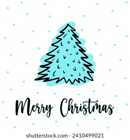 Hand drawn fluffy Christmas tree greeting card with Merry Christmas lettering. Hand drawn blue fir tree with strokes and snowfall. Hand drawn thin line pine in doodle style. Hand drawn festive spruce