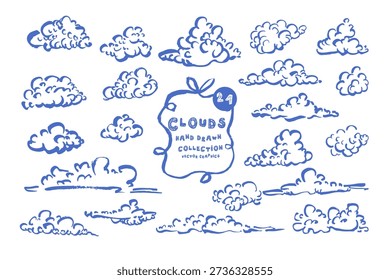 Hand drawn fluffy clouds vector illustration big set