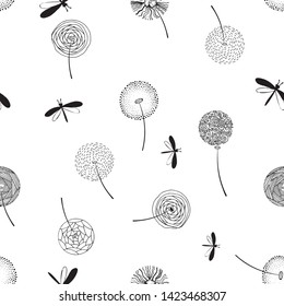 Hand drawn fluffy dandelion silhouettes seamless pattern. Endless background with dandelions seeds and dragonfly