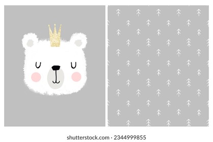 Hand drawn fluffy polar bear with cute crown and grey background card, pine trees doodle seamless pattern, kids motif and neutral poster, nursery wall art