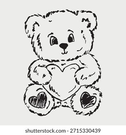 Oso de peluche esponjoso dibujado a mano sentado y sosteniendo un corazón Grande. Amor, regalo, regalo de cumpleaños. Ilustración de boceto de Vector en estilo vintage de carbón de crayón