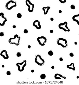 Hand drawn fluid shapes and dots seamless pattern. Black vector ink illustration. Wave grunge circles, liquid shapes in Memphis style. Organic and bio ornament, hand painted abstract texture