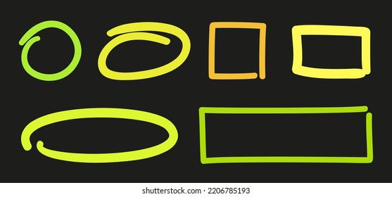 Hand drawn fluorescent sketches of geometric shapes. Abstract colorful neon elements on isolated black background. Glowing colored circle, oval, square, rectangle