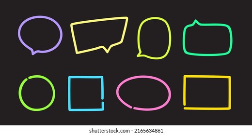 Hand drawn fluorescent speech bubbles. Abstract neon elements on isolated black background. Glowing geometric shapes