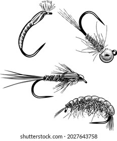 Hand drawn fly fishing nymphs
