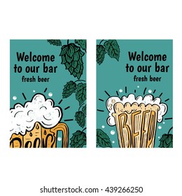 Hand drawn flyers with beer in glass mug with text  on  background. Retro flyers. Vector illustration
