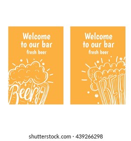 Hand drawn flyers with beer in glass mug with text  on  background. Retro flyers. Vector illustration