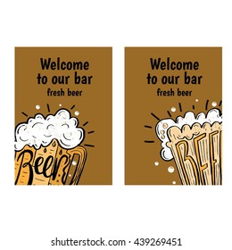 Hand drawn flyers with beer in glass mug with text  on  background. Retro flyers. Vector illustration