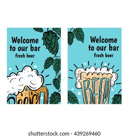 Hand drawn flyers with beer in glass mug with text  on  background. Retro flyers. Vector illustration