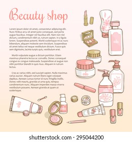 Hand drawn flyers template for make-up products. Doodle cosmetics background for corporate identity beauty shop. Printed materials for brochures, folder, flyers, banners.