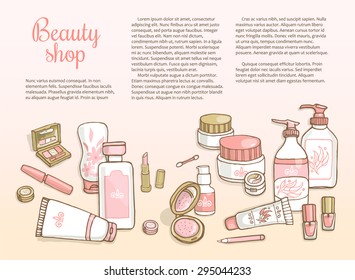 Hand drawn flyers template for make-up products. Doodle cosmetics background for corporate identity beauty shop. Printed materials for brochures, folder, flyers, banners.