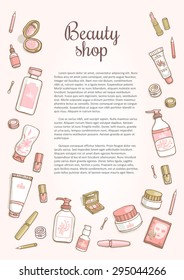 Hand drawn flyers template for make-up products. Doodle cosmetics background for corporate identity beauty shop. Printed materials for brochures, folder, flyers, banners.