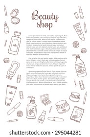 Hand drawn flyers template for make-up products. Doodle cosmetics background for corporate identity beauty shop. Printed materials for brochures, folder, flyers, banners.