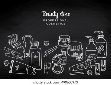 Hand drawn flyers template for make-up products on blackboard. Cosmetics background for corporate identity beauty store. Printed materials for brochures, folder, flyers, banners.