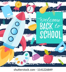 Hand drawn flyers template for school products. Doodle back to school background. Printed materials for brochures, folder, flyers, banners, leaflet.