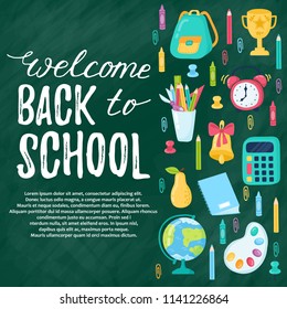 Hand drawn flyers template for school products. Doodle back to school background. Printed materials for brochures, folder, flyers, banners, leaflet.