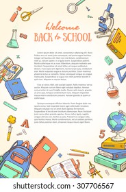 Hand drawn flyers template for school products. Doodle back to school background. Printed materials for brochures, folder, flyers, banners, leaflet.