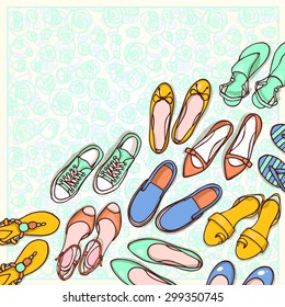 Hand drawn flyers template for shoes shop. Doodle background for corporate identity store. Printed materials for brochures, folder, flyers, banners.