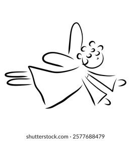 Hand drawn flying angel doodle illustration, curly hair angel, whimsical angel