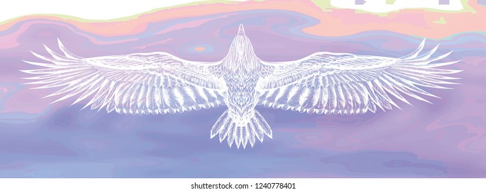 Hand Drawn Flying Bald Eagle On The Colorful Watercolor Background. Print For Clothers And Coloring Book Pages.