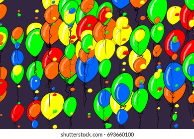 Hand drawn flying balloons illustrations background, good for graphic design, wallpapers or booklets. Also for birthday party or celebrations. Cartoon style vector graphic.