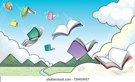 hand drawn flying books in vector