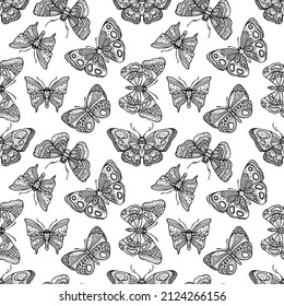 Hand drawn flying butterflies illustration for adult coloring book. Freehand sketch for adult anti stress coloring book page with doodle and zentangle elements.