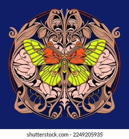 Dibujo de mariposa voladora dibujado a mano marco adorno para el diseño y afiche de camisetas de ropa