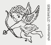 Hand drawn flying cherub aiming heart-tipped arrow. Whimsical romance concept, Valentine
