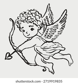 Querubín volador dibujado a mano apuntando flecha con la punta del corazón. Concepto romántico caprichoso, símbolo del día de San Valentín. Ilustración de boceto de Vector en estilo vintage de carbón de crayón.