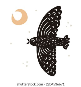 Hand drawn flying childish bird with a crescent moon in linocut style, textured silhouette vector illustration , isolated on white