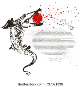 hand drawn flying crocodile, sun and butterflies