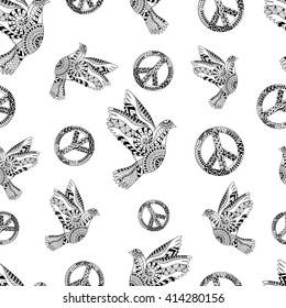 Hand drawn flying doves and sign peace. Hippie wallpaper. Hippy seamless pattern. Illustration in zentangle style. Monochrome variant. 