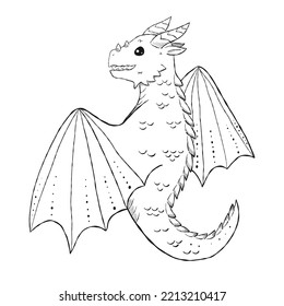 Hand drawn flying dragon on white background. Coloring page for children. Fairy tale character. Sketch vector illustration.