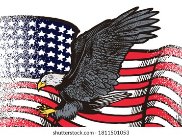 Hand drawn flying eagle with american flag illustration isolated on white background. Flying eagle with american flag for logo, emblem, wallpaper, poster or t shirt. American symbol of freedom.