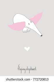 Hand drawn flying elephant. Doodle style. Design template for cards, invitations, posters, banners, stickers and labels. Vector illustration.