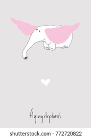 Hand drawn flying elephant. Doodle style. Design template for cards, invitations, posters, banners, stickers and labels. Vector illustration.
