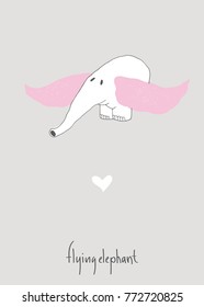 Hand drawn flying elephant. Doodle style. Design template for cards, invitations, posters, banners, stickers and labels. Vector illustration.