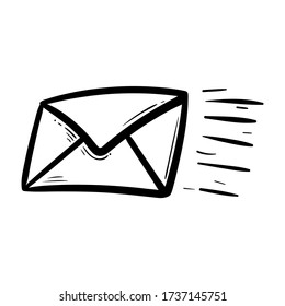 Hand drawn flying envelope icon. Sign or symbol Isolated on white background. Black and white drawing. Vector illustration.