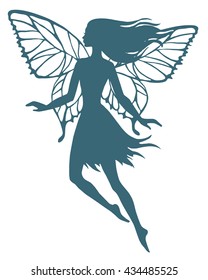 Hand drawn flying fairy, vector silhouette illustration.