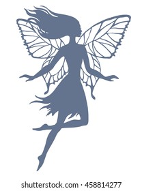 Hand drawn flying fairy, vector silhouette illustration.