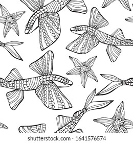 Hand drawn flying fish and starfish coloring vector pattern for children
and adults. Seamless background for wallpapers, postcards and posters. Black and white. Underwater world.