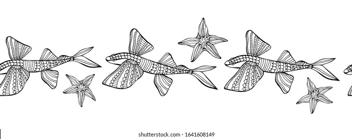 Hand drawn flying fish and starfish coloring vector border for children and adults.
Design elements for wallpapers, postcards and posters. Black and white. Underwater world.