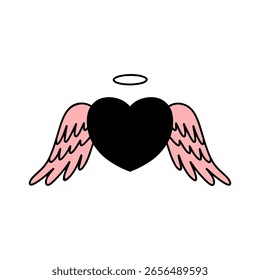 Hand drawn flying heart with wings icon in emo Y2k style. Pink angel heart. Isolated on white background. Vector illustration
