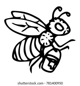 Hand drawn Flying honey bee. A bee with a bucket of honey. Striped insect. A cartoon bee. Vector illustration.